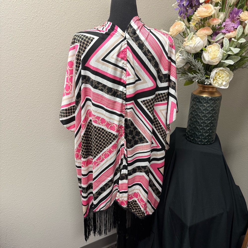 Cato One Size Kimono Cardigan Pink Black Geometric Fringe Trim Boho Festival - Picture 3 of 7